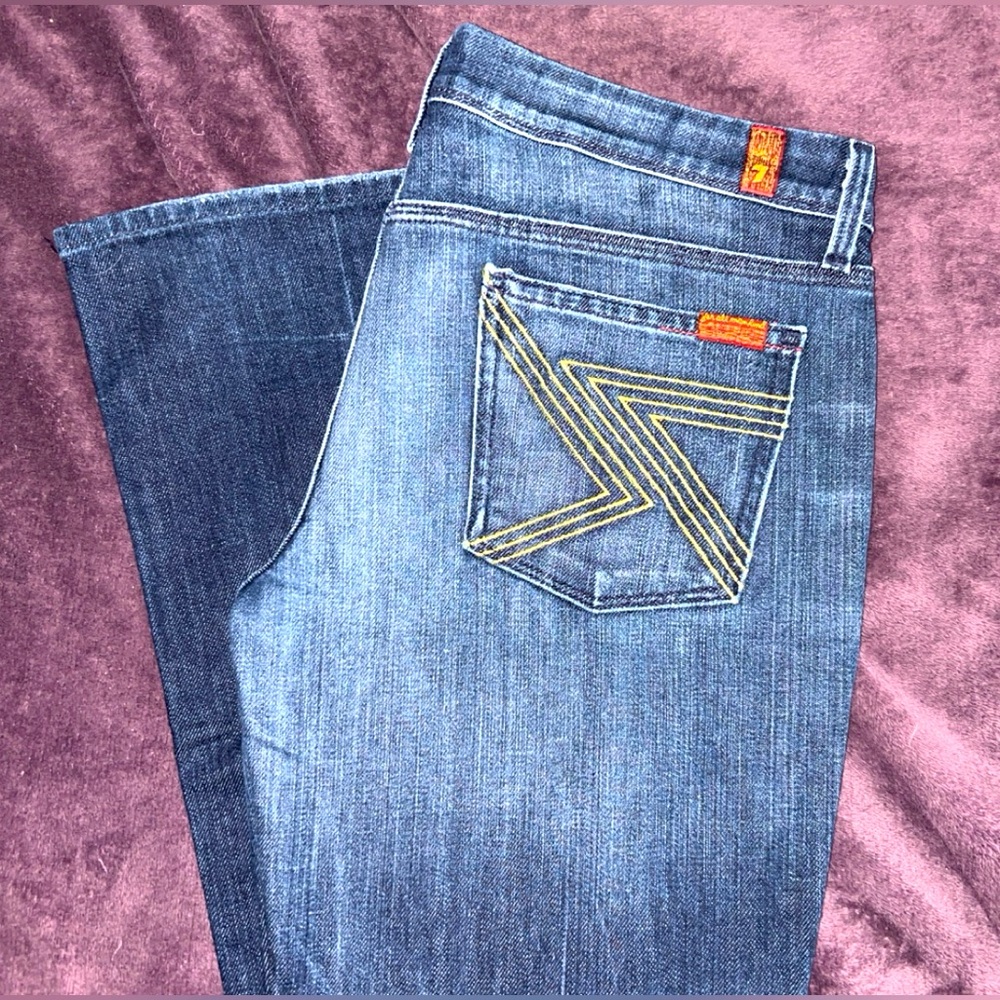 7 For All Mankind Blue Denim Jeans with Yellow Stitching